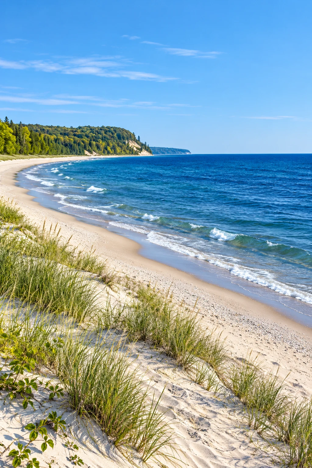 Generated editorial view of a quiet Michigan Great Lakes shoreline
